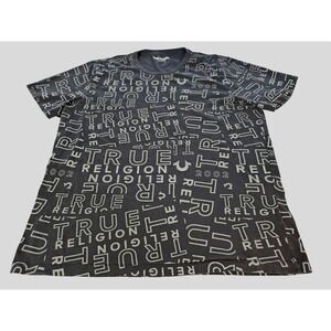 True Religion Newspaper Tee Mens XL Black Excellent All Over Print Crew Neck